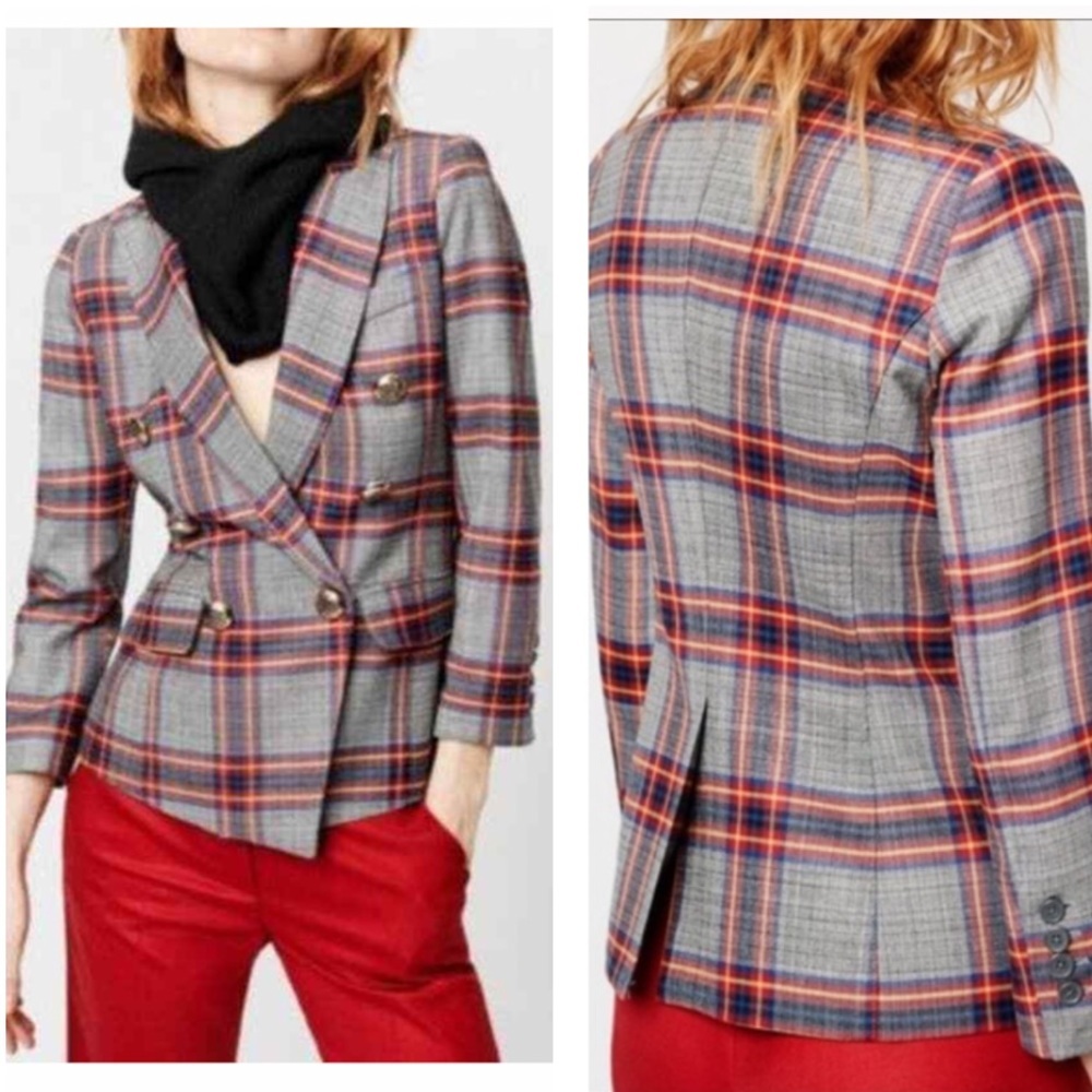 Smythe Gray Plaid Double-Breasted Blazer with Red & Navy Accents
